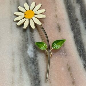 Vintage Daisy Flower Enamel Brooch in White, Yellow & Green